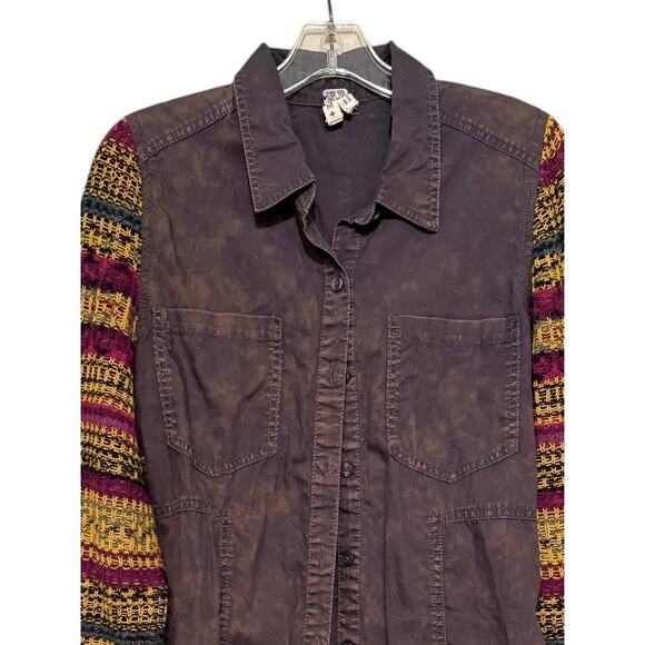 We The Free Charcoal Shirt W Multi-Colored Knit Sleeves Medium Distressed - Picture 5 of 6
